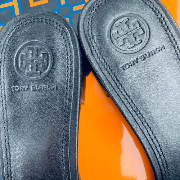 Tory Burch Stitched Logo Leather Slide Sandals NIB BLACK - Picture 5 of 8